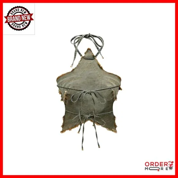 Denim Halter Top Y2K Backless Tie Back Raw Hem Crop Party Club Wear - Picture 2 of 4